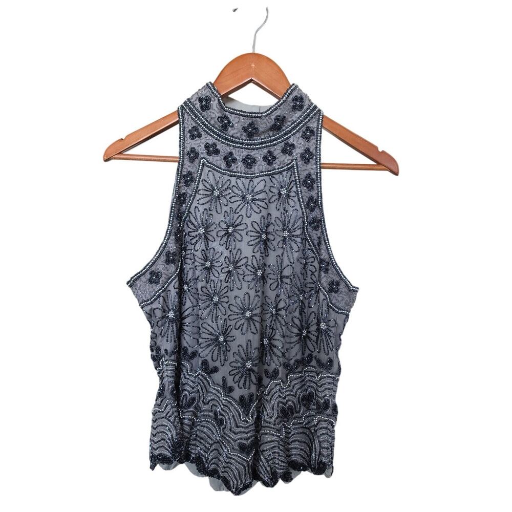 Papell Boutique Black 100% Silk Fully Beaded Top Size L